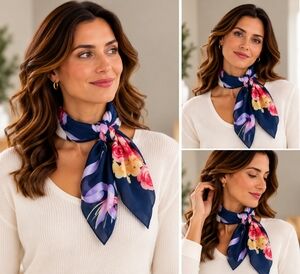 Echo Navy Blue Floral Silk Scarf 34x34 Square Multicolor 100% Silk Shawl VG